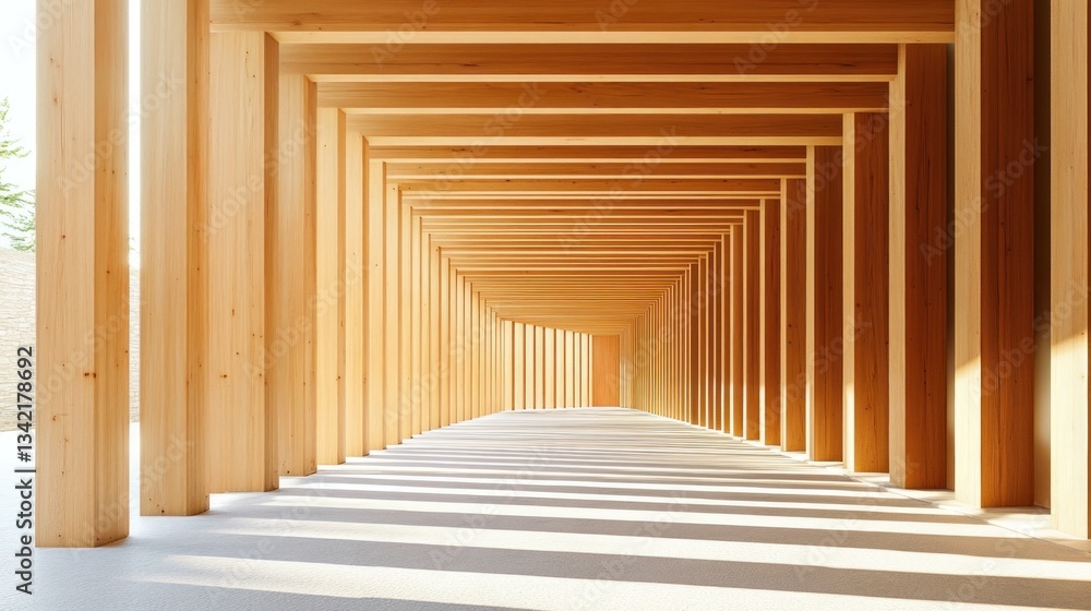 Fototapeta premium Sunlight illuminates a long, curved wooden corridor with parallel columns and beams.