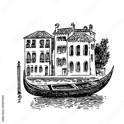 Engraved illustration of a vintage gondola by elegant buildings in a serene waterway