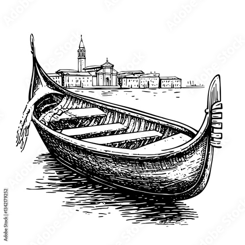 Elegant hand-drawn engraving of a classic gondola gliding through serene waters with a picturesque cityscape backdrop
