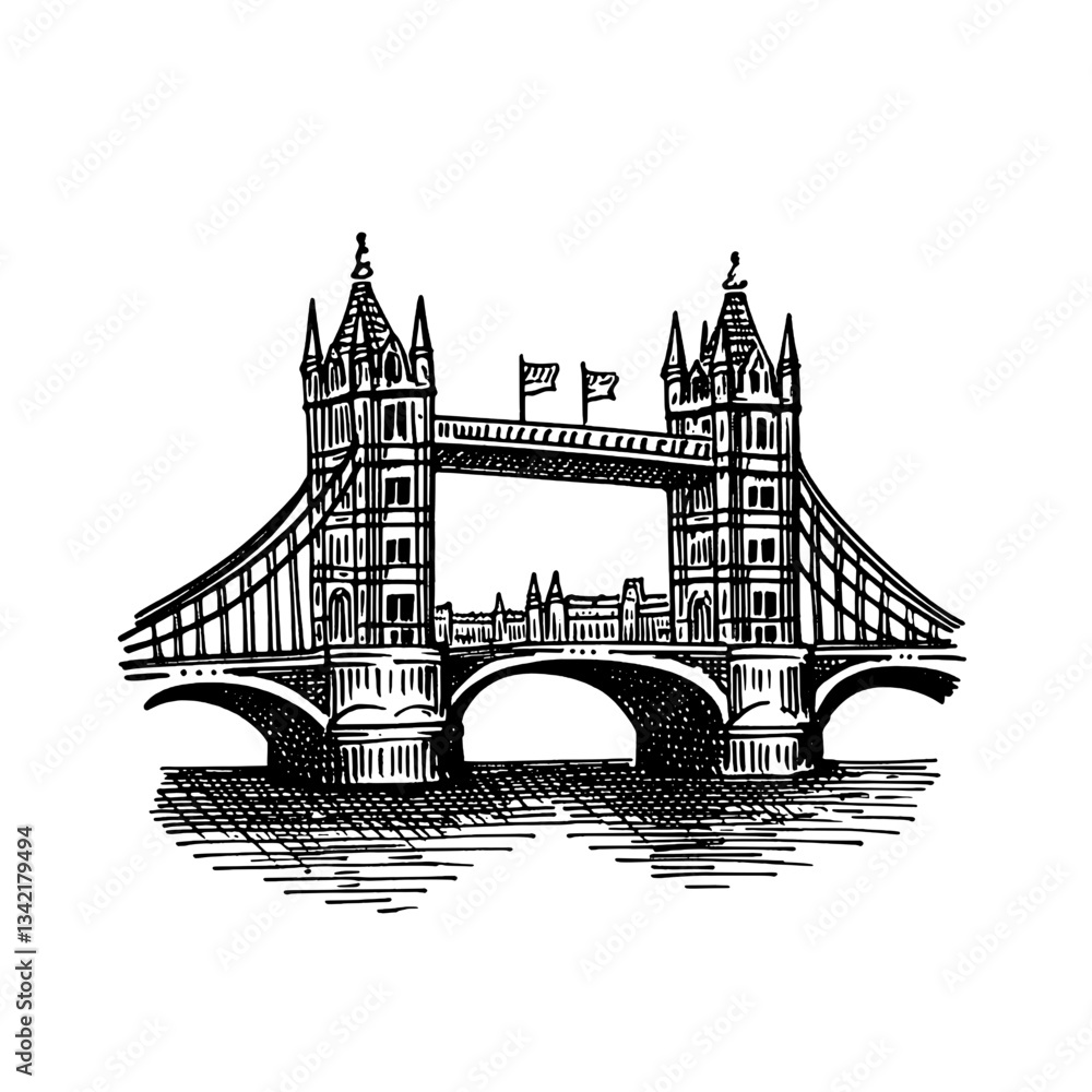 Obraz premium Classic engraving of Tower Bridge showcasing intricate vintage design elements in hand-drawn style