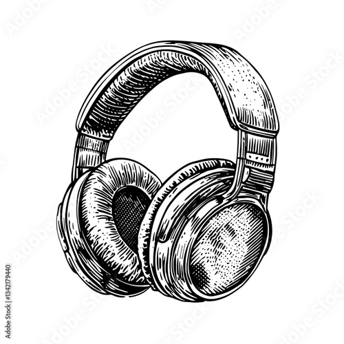Engraved illustration of vintage headphones showcasing intricate hand-drawn detail for music lovers and tattoo design enthusiasts