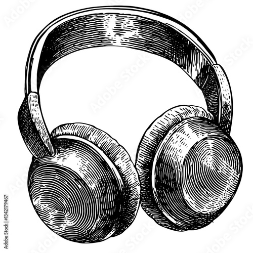 Engraved illustration of classic headphones showcasing intricate details and vintage design in black and white