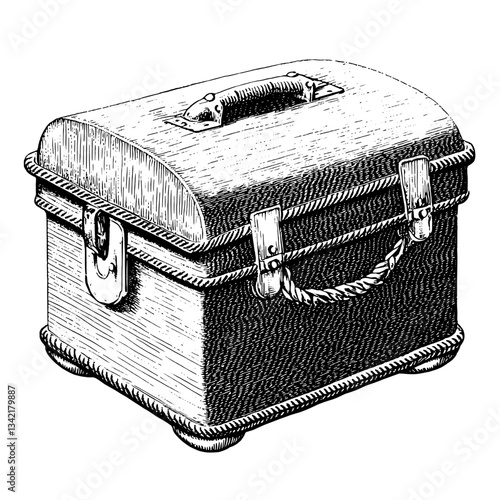 Vintage engraved illustration of a hand-crafted storage box designed for tattoos and premium products