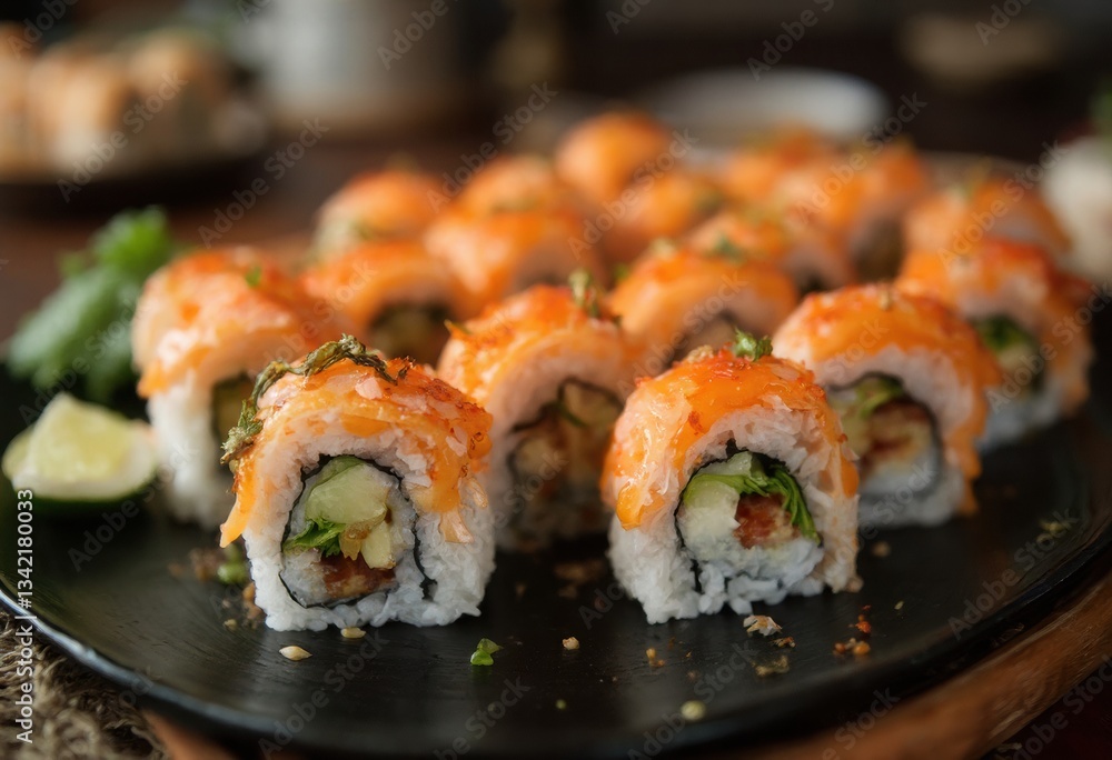 A Platter of Sliced and Rolled Japanese-Style Sushi A Platter of Sliced and Rolled Japanese-Style Sushi