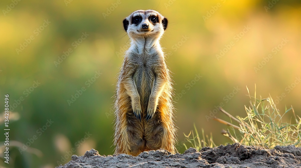 Fototapeta premium Curious meerkat standing tall on its hind legs scanning the horizon while its pack digs around in the sandy terrain under the golden sunset