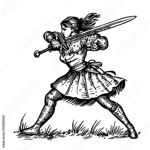 Dynamic warrior woman poised for battle with a sword in hand, showcasing strength and determination in a vintage style illustration