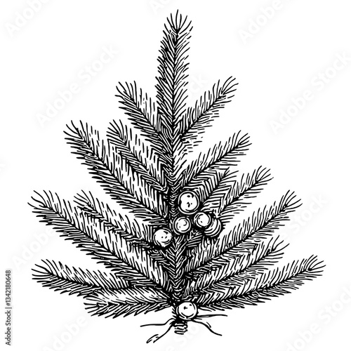 Exquisite hand-drawn engraved illustration of a vintage pine tree featuring delicate details and artistic flair