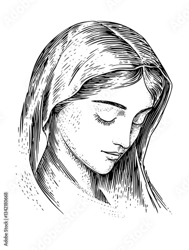 Elegantly crafted engraved illustration of a serene woman with a veil, embodying vintage artistry and timeless design
