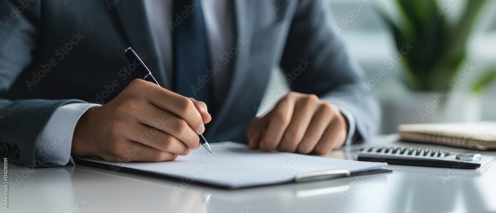 A businessman in suit writing on notebook at white desk, close up of hands with pen and paper for work or business plan isolated over grey background, copy space banner mockup concept Generative AI A businessman in suit writing on notebook at white desk, close up of hands with pen and paper for work or business plan isolated over grey background, copy space banner mockup concept Generative AI
