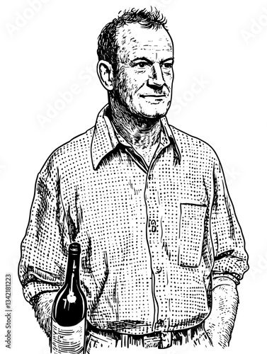 Elegant hand-drawn illustration of a man holding a wine bottle in a vintage style conveying sophistication