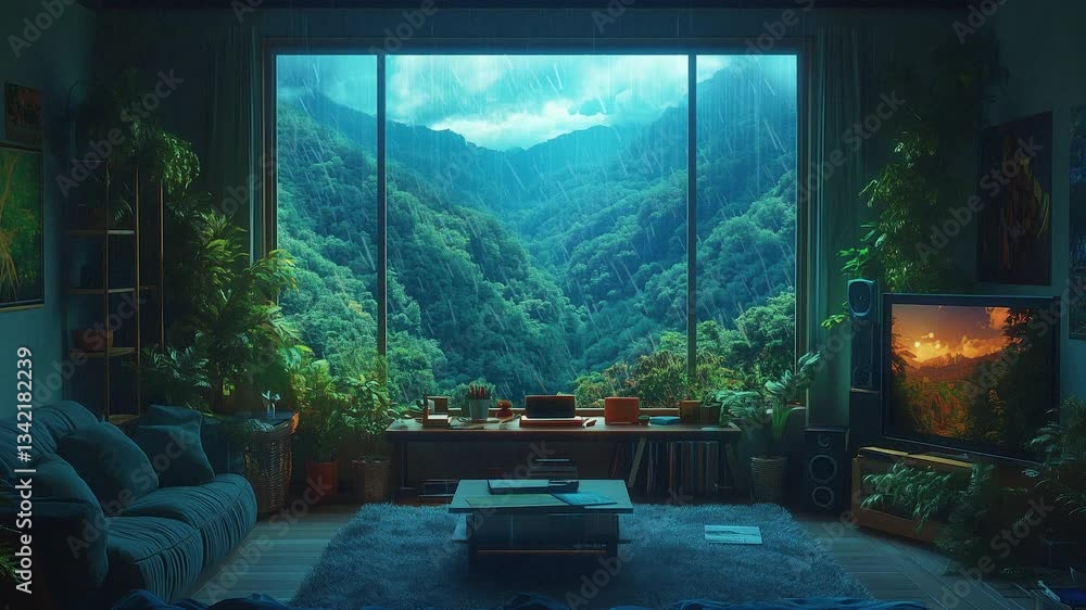 virtual backgrounds loop animation, stream overlay. cozy lo-fi living room in jungle, rain. live wallpaper, vtuber asset twitch zoom OBS screen, anime chill hip hop, 4k animation video