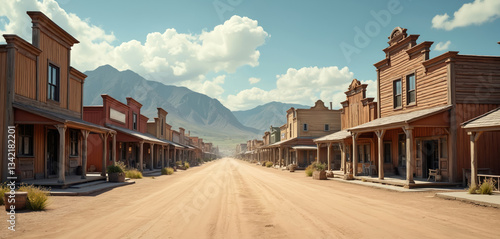 Fototapeta Naklejka Na Ścianę i Meble -  Antique wild west town with wooden buildings, desert road leading to mountains. Old vintage western architecture, shopfronts, saloons, businesses. Rural landmark scenery for tourism, adventures,