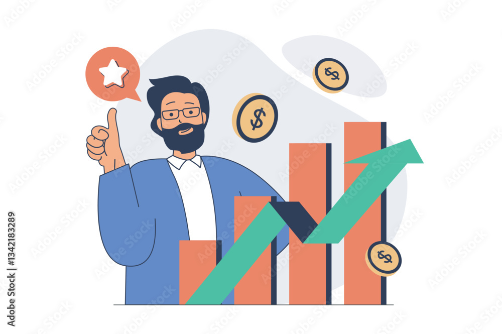 Business activities concept with cartoon people in flat design for web. Businessman making financial analysis, getting arrow progress at graph, investing money in success company. Vector illustration. Business activities concept with cartoon people in flat design for web. Businessman making financial analysis, getting arrow progress at graph, investing money in success company. Vector illustration.