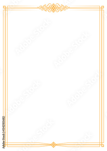 Vertical gold border on white background template with decorative ornament, elegant and modern. Minimalist gold border vector for certificates, invitations, luxury stationery, or frame template.
