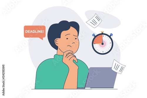 Deadline concept with cartoon people in flat design for web. Man doing urgency schedule tasks at laptop in office. Nervous businessman trying to reach goal before time runs out. Vector illustration.