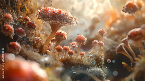 Microscopic world: bokeh enhanced images of bacteria, viruses, and fungi. Cellular Mycelium. Illustration