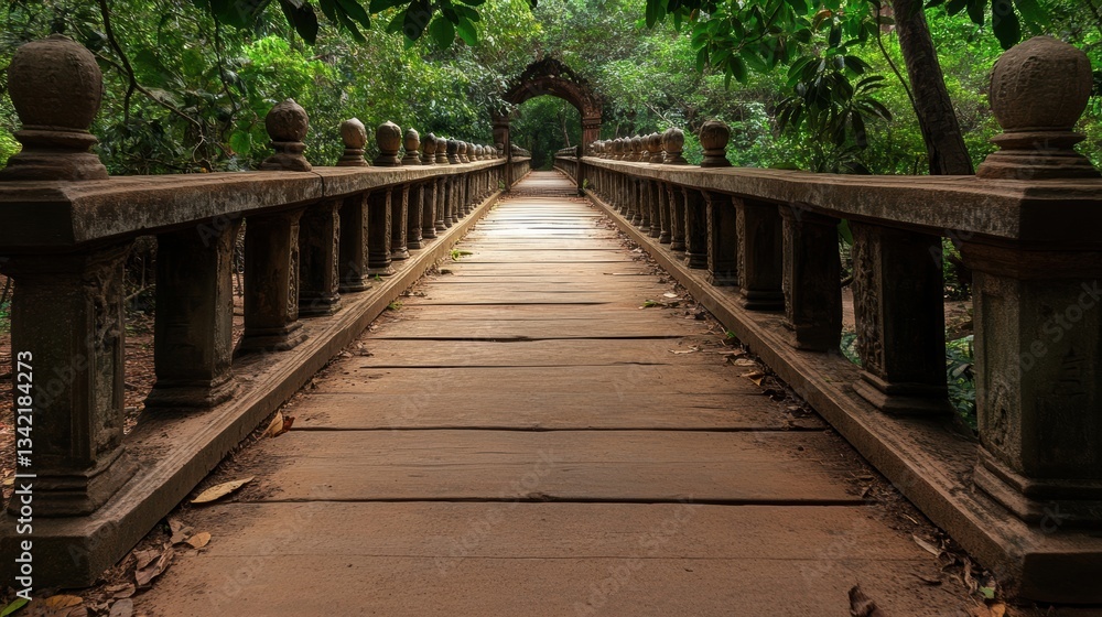 A serene wooden bridge leads through lush greenery, creating a tranquil path perfect for nature lovers or travel enthusiasts seeking a peaceful getaway A serene wooden bridge leads through lush greenery, creating a tranquil path perfect for nature lovers or travel enthusiasts seeking a peaceful getaway