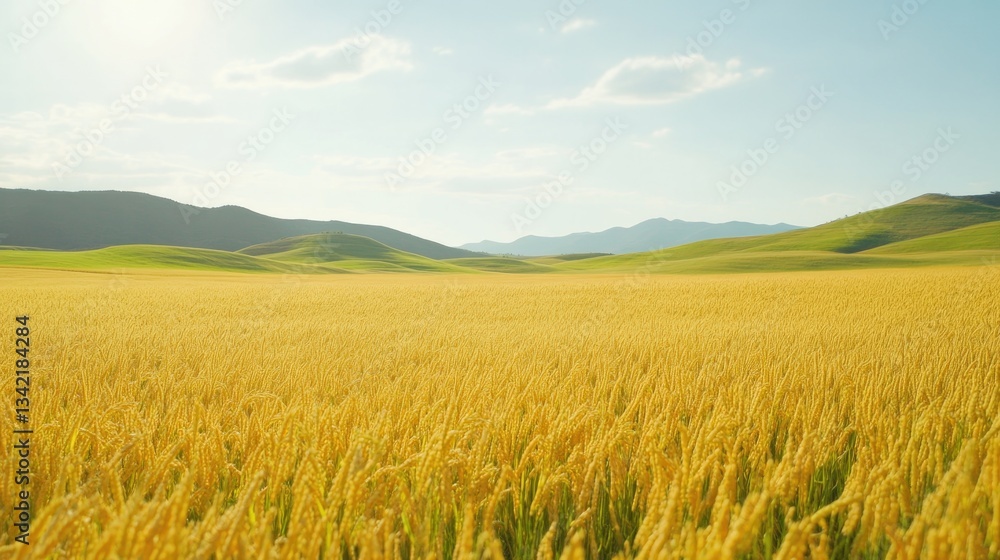 Golden fields stretch under bright sky, showcasing nature's sere Golden fields stretch under bright sky, showcasing nature's sere