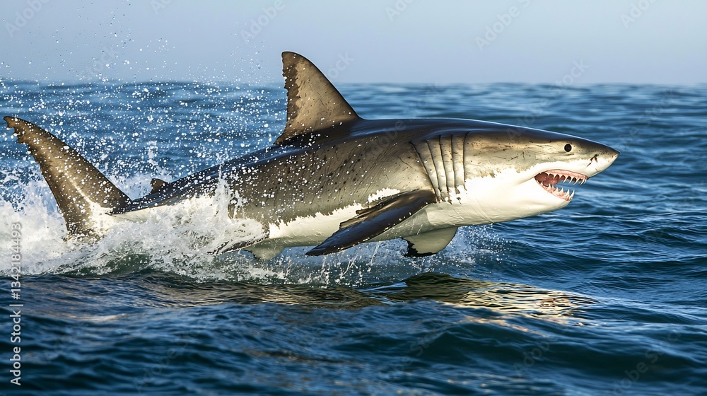Fototapeta premium Great white shark breaching the ocean surface its jaws wide open in a powerful display of natures raw energy