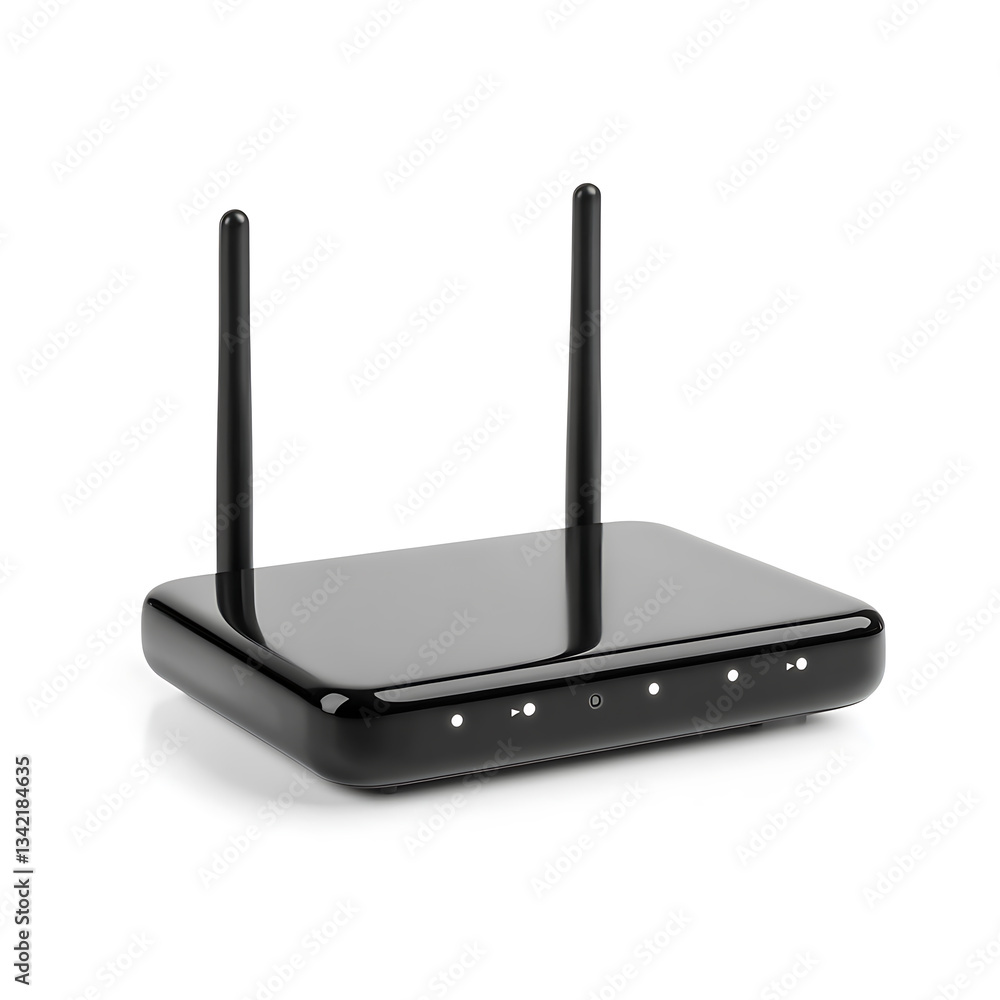 Fototapeta premium modern back color wi-fi router with dual antennas and ethernet ports, isolated on white background, side view