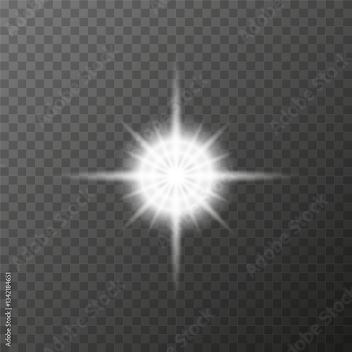 Vector illustration of a white glowing star with lens flare effect. Design element to use as an overlay, effect or composition element. On a transparent background. EPS10 format.