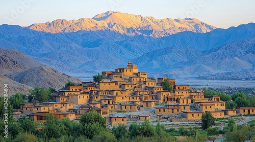 Himalayan Monastery Sunrise. Mountain Village