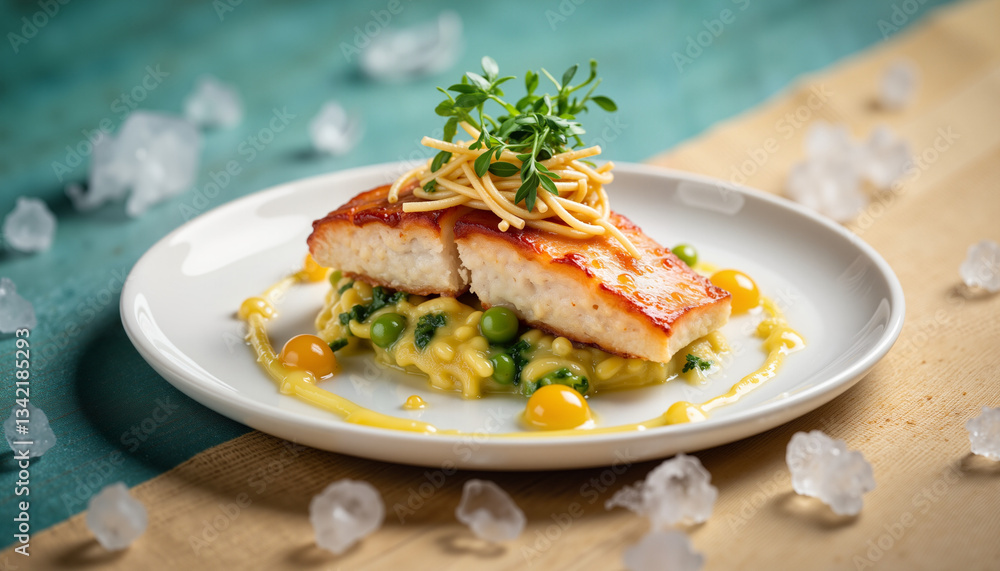 Elegant pan-seared red snapper on vibrant pea purée, gourmet presentation Elegant pan-seared red snapper on vibrant pea purée, gourmet presentation