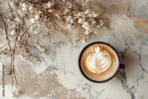 Elegant latte art cappuccino on marble with dried flowers, barista, coffee