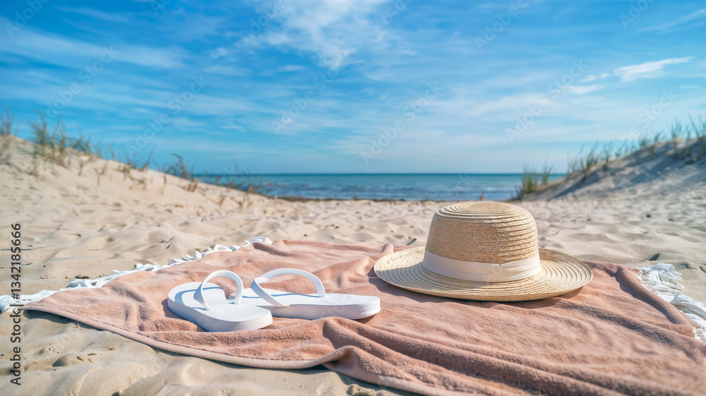 Obraz premium Relaxing Vacation Scene with Straw Hat Flip Flops on Towel at Sandy Beach