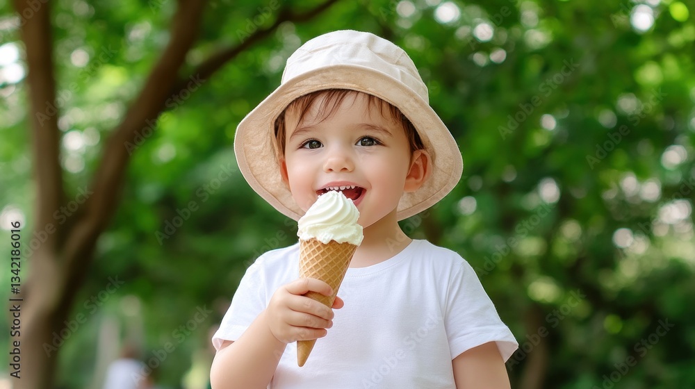 Adorable Toddler Enjoying a Creamy Ice Cream Cone in a Lush Green Park Adorable Toddler Enjoying a Creamy Ice Cream Cone in a Lush Green Park