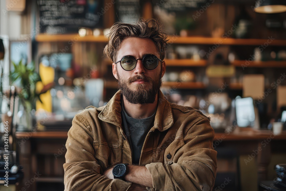 Man with beard wearing sunglasses in a cafe Man with beard wearing sunglasses in a cafe