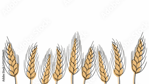 food banner bakery, pastry with wheat, oat, barley, rye, wheat ears stalks, field on yellow background and space for text, copy space