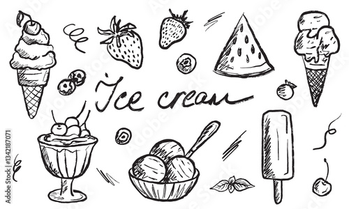 Ice cream with fruits, cherries and popsicles in black brush stroke texture isolated on white. Hand drawn vector sketch illustration in vintage charcoal ink. Summertime, food, strawberry, watermelon
