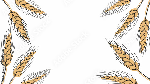 food banner bakery, pastry with wheat, oat, barley, rye, wheat ears stalks, field on yellow background and space for text, copy space