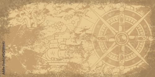 Vintage nautical map with compass and ship design