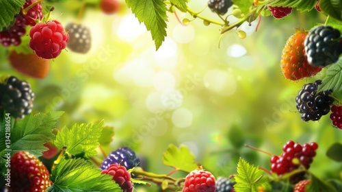Sunny summer background with Juicy berries and green leaves. AI generated illustration.