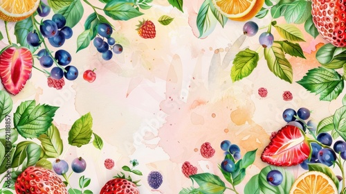 Watercolor Fruit and Leaves on Pastel Background. AI generated illustration.