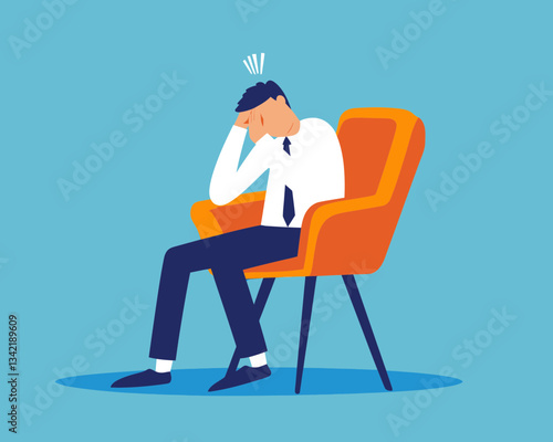 Frustrated businessman sitting with head in hands, anxiety and regret over business mistake, stressed and depressed professional facing failure, minimalist flat SVG vector illustration
