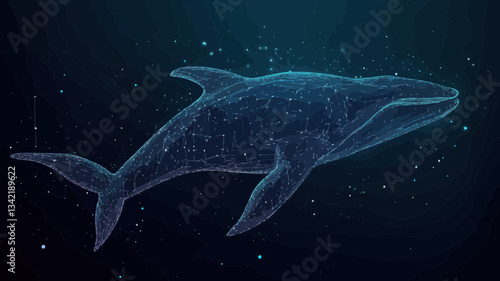 Low Poly Blue Whale Digital Illustration Marine Animal Concept with Wireframe Light Connection Structure on Starry Sky Background