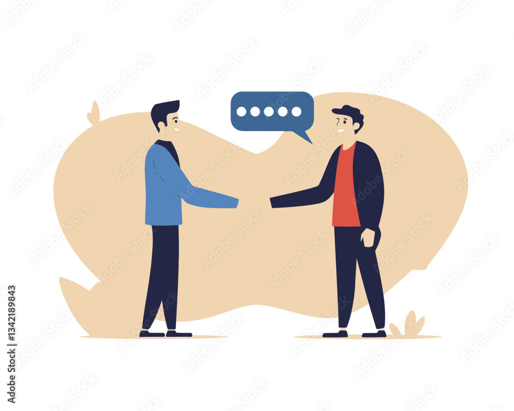 Obraz premium Business Agreement Success: Businessmen Shaking Hands with Connect Speech Bubble in Minimalist Flat Vector, Symbolizing Successful Communication, Partnership Deal, and Perfect Match Connection