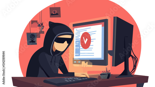 Hacker in Hood Stealing Sensitive Data on Computer Concept Hacking Cybersecurity Threat Data Breach Digital Theft Vector Illustration