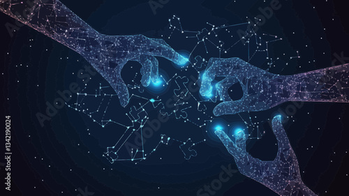 Hands Assembling Starry Sky Puzzle, Abstract Space Scene, Teamwork Collaboration Concept, Wireframe Points and Lines, Universe Vector Art