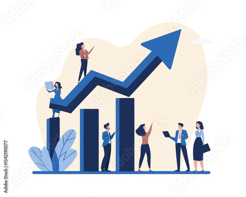 Business Growth Concept with Team Analyzing Rising Arrow Chart for Increased Sales and Profits, Flat Minimalist SVG Vector Illustration