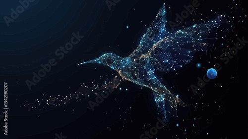 Starry Sky Colibri in Wireframe Vector Concept with Universe Elements and Planets Illustrating Cosmic Minimalist Design