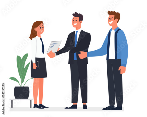 Business Team Welcoming New Employee with Handshake and Orientation on First Day, Flat Minimalist SVG Vector