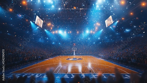 Energetic crowd at a basketball game in a large arena with bright blue and orange lighting, confetti falling