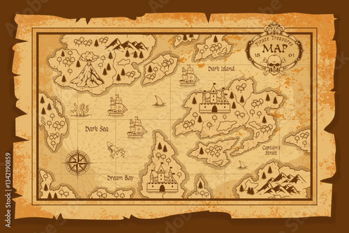 Treasure map showing islands and sailing routes