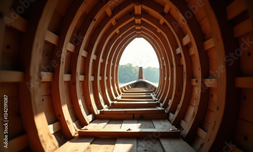 Wooden boat building interior framing viewed from inside hull, curved oak ribs arching overhead with precision joinery, afternoon light creating dramatic patterns