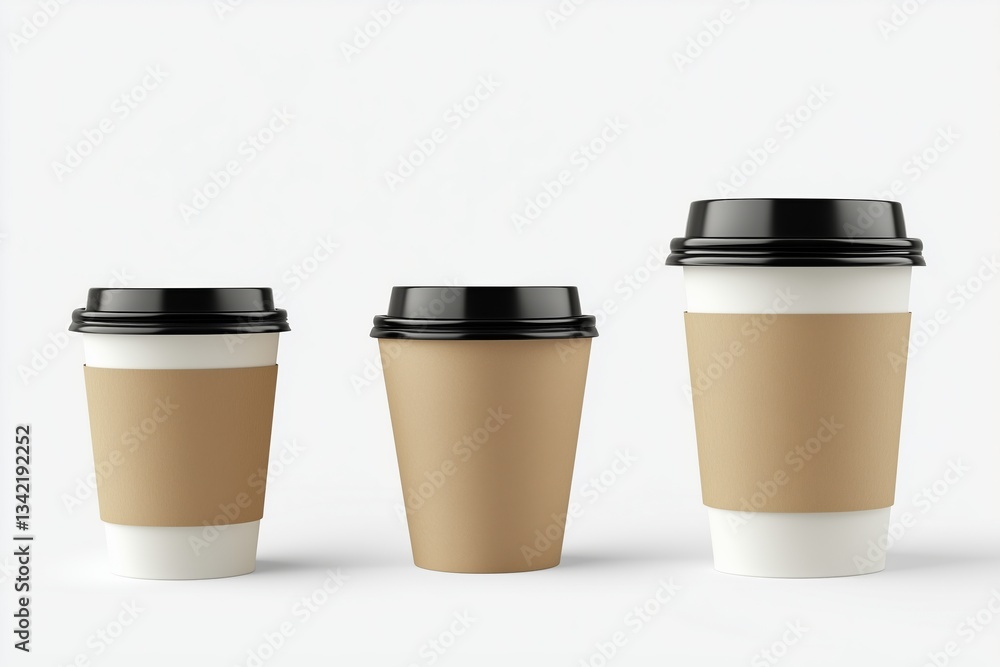 Set of three blank takeout coffee cups in different sizes, isolated on white. PNG transparent. Set of three blank takeout coffee cups in different sizes, isolated on white. PNG transparent.