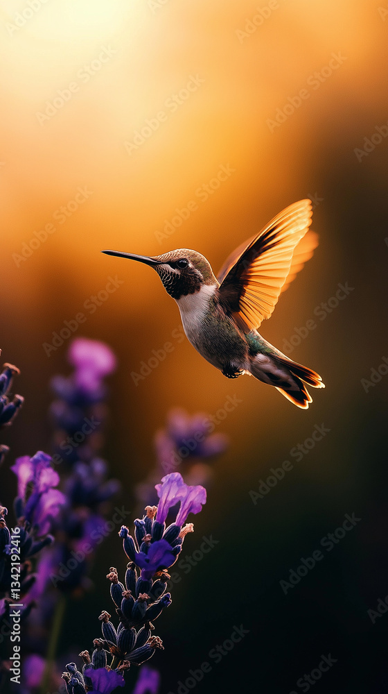 Naklejka premium Kolibri fliegt über Lavendelblüten im Sonnenlicht